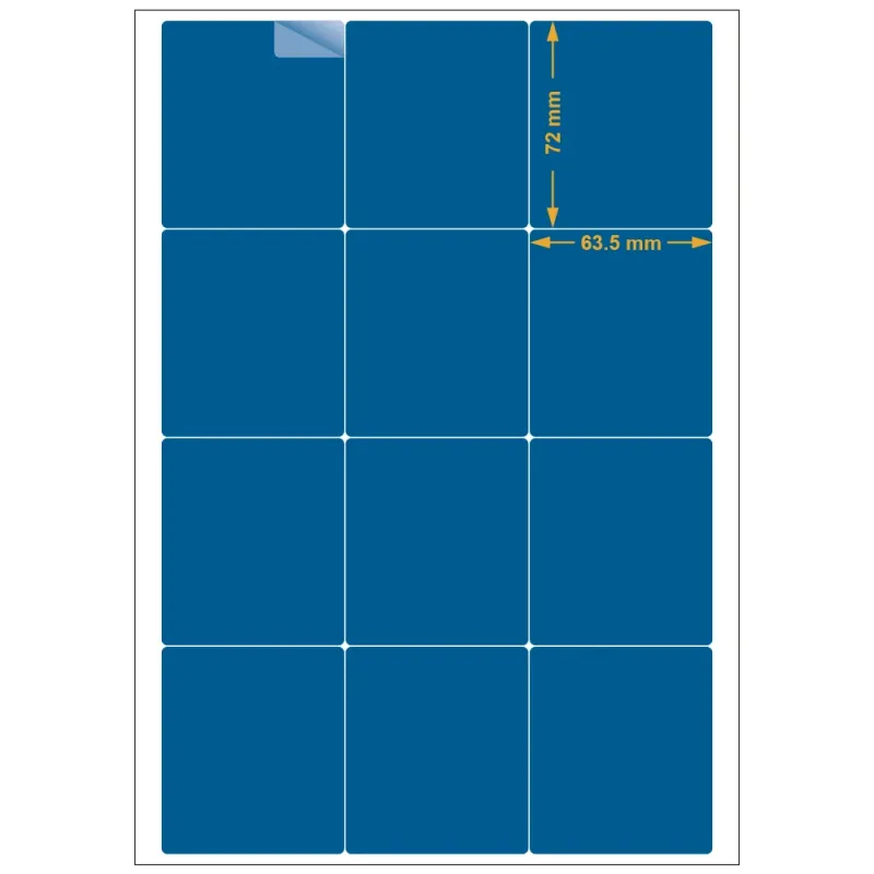 Planche A4 étiquettes 63,5 x 72 mm. Utilisation gabarit possible